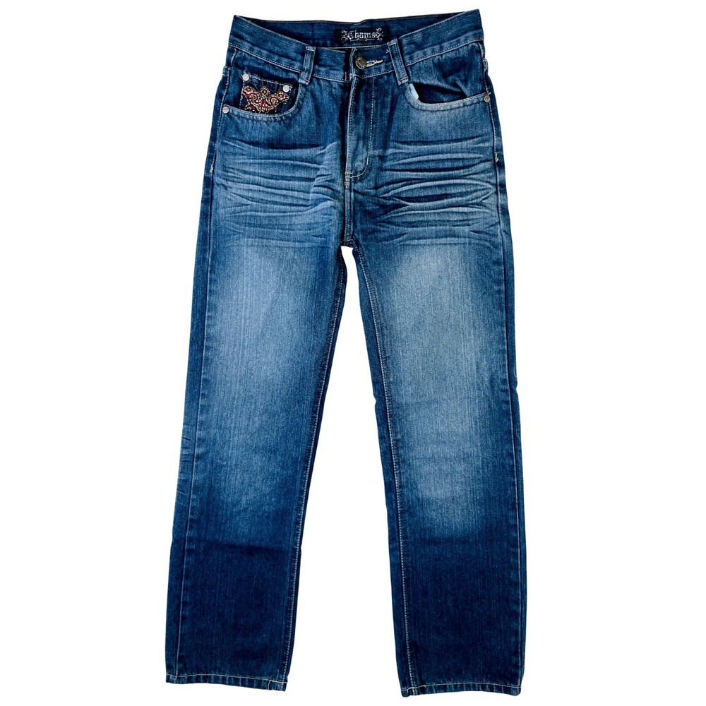 Chams Mens Straight Leg Jeans Blue Medium Wash Embroidered Pockets Y2K 26x26